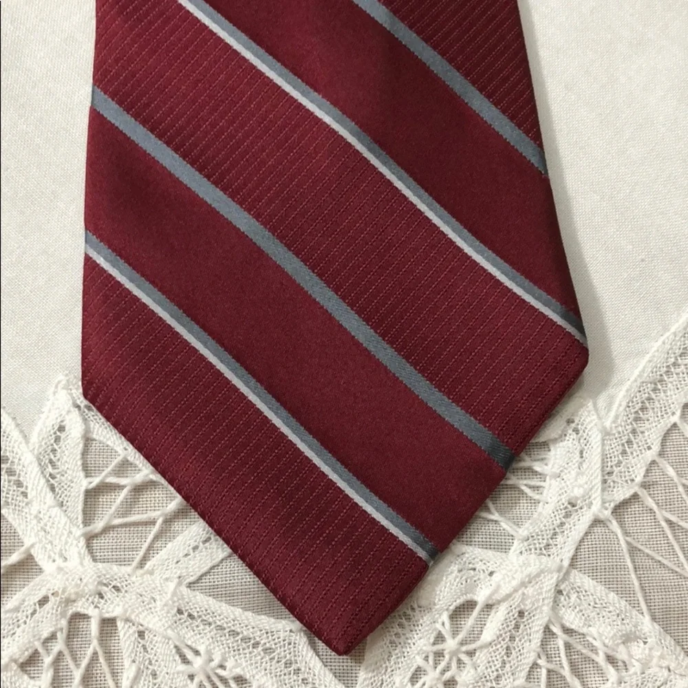 JONES NEW YORK Maroon Silver Stripe 60” Silk Tie - Picture 3 of 6